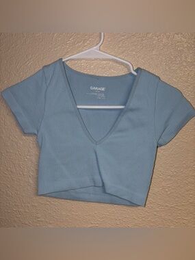 Garage Light Blue Ribbed V-Neck Cropped Tee